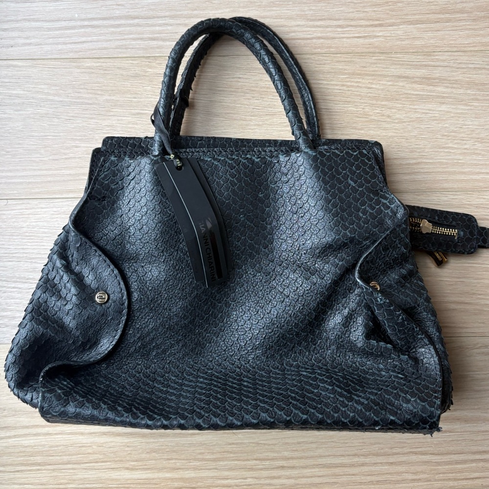 Black Python-Embossed Hobo Bag with Dual Handles - image 4